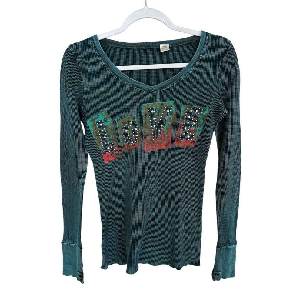 Y2k Waffle Knit Thermal Love Graphic Hippie Fairy Grunge Deep V Thumb Holes sz S